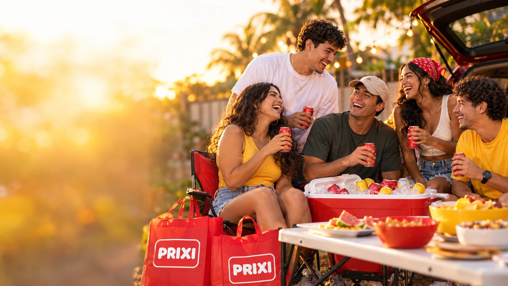 Amigos en un parking con bolsas y productos de PRIXI