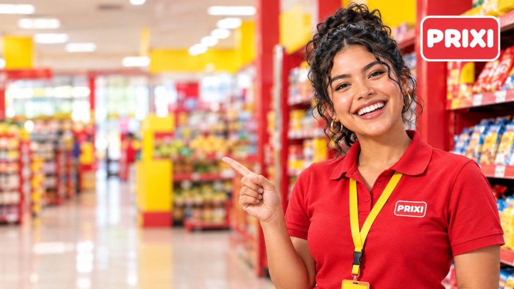 Colaboradora de PRIXI con uniforme rojo señalando